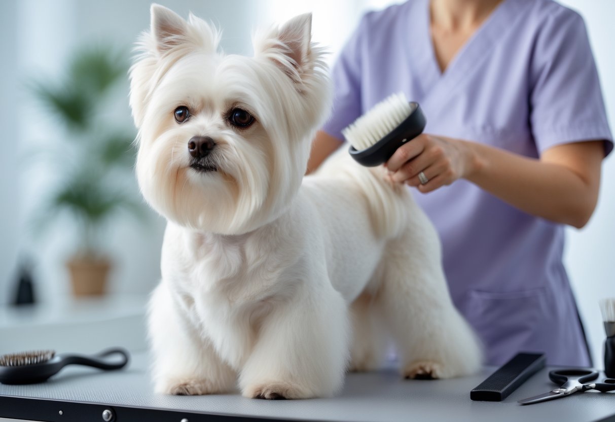A Maltese dog with a white coat being brushed by a person in a grooming area.
