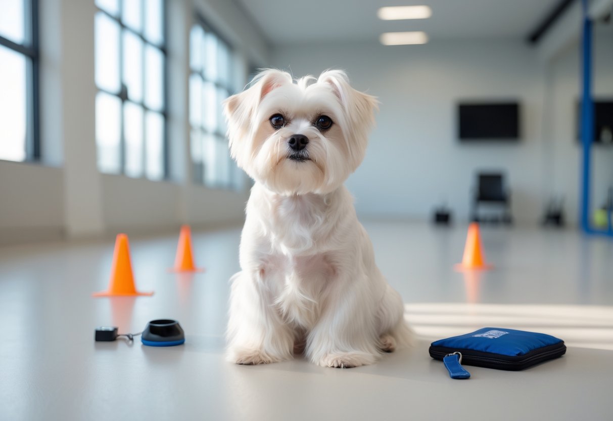 A white Maltese dog sitting attentively in a bright indoor training room with pet training equipment nearby.