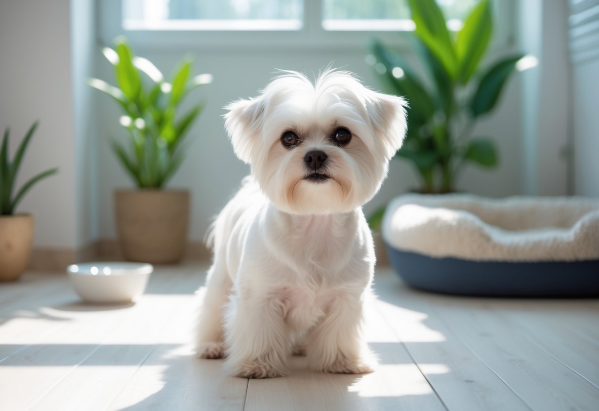 A healthy white Maltese dog sitting calmly indoors on a wooden floor with natural sunlight and green plants in the background.
