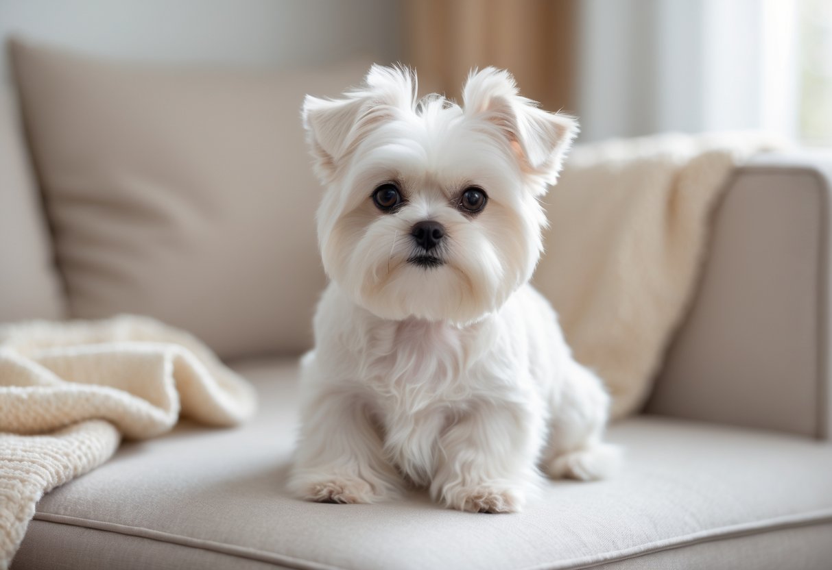 A small white Maltese dog sitting attentively indoors on a neutral surface with a soft background.