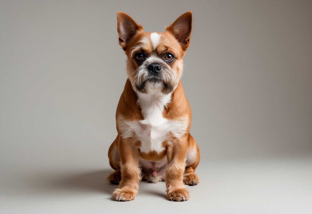 A Brussels Griffon dog sitting and looking at the camera against a plain background.
