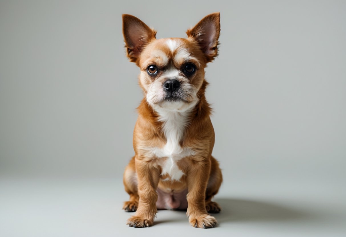 A small Brussels Griffon dog with reddish-brown wiry fur sitting attentively against a plain background.