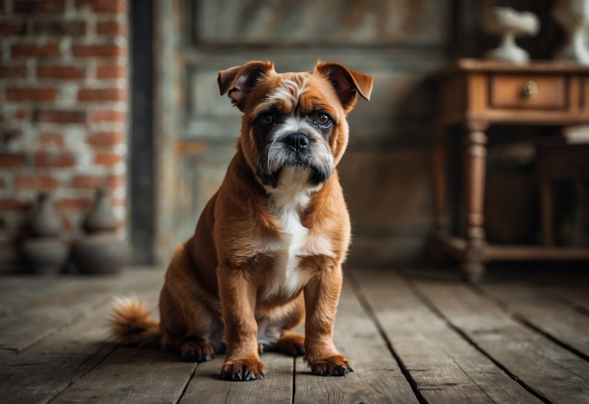 A Brussels Griffon dog sitting on a wooden floor with a vintage European-style background.