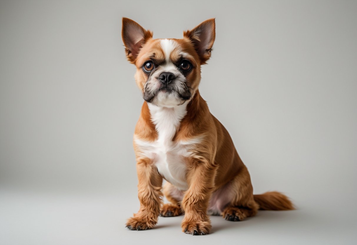A Brussels Griffon dog sitting and looking attentively at the camera against a plain background.