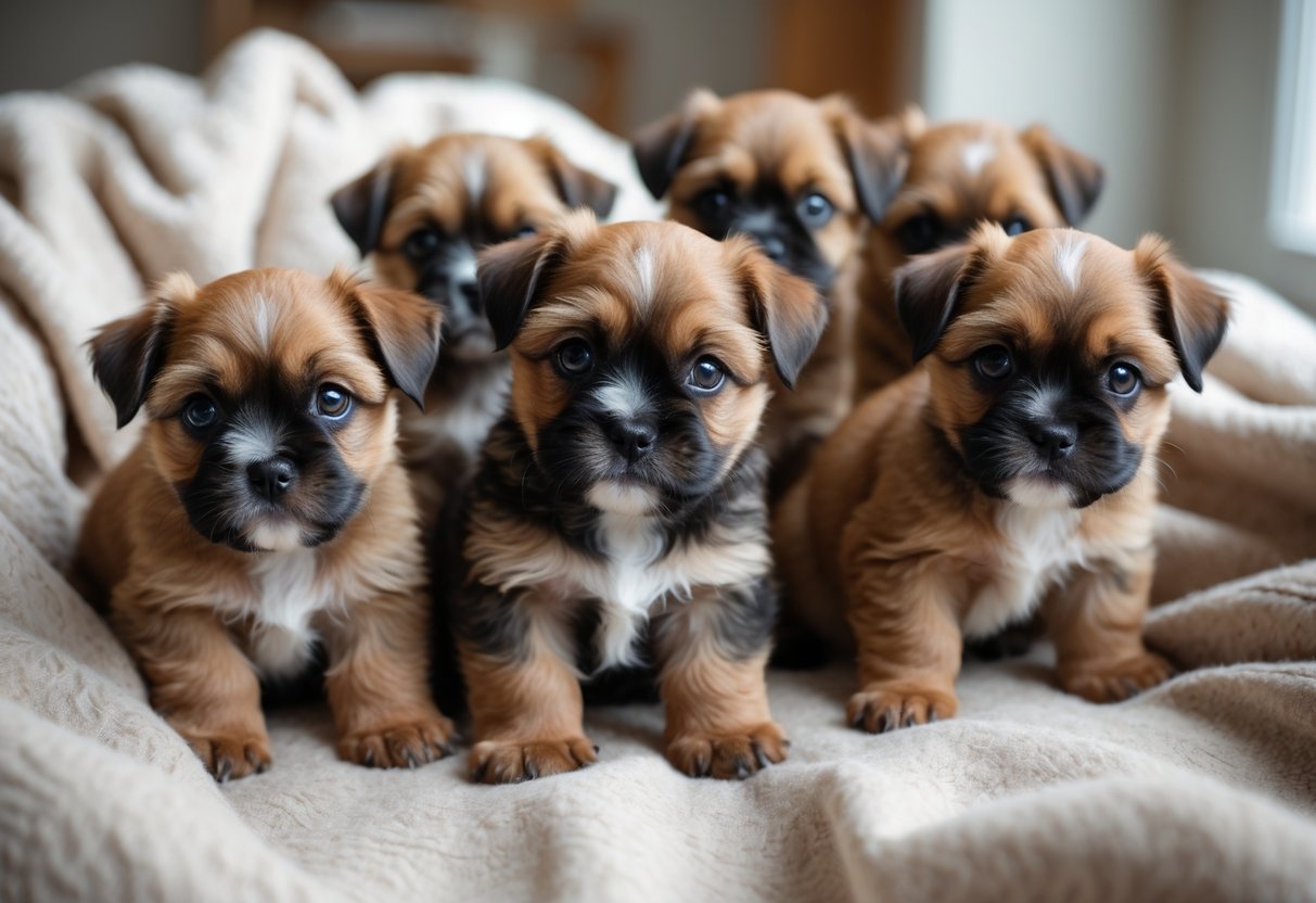 A group of Brussels Griffon puppies sitting and playing on a blanket indoors.
