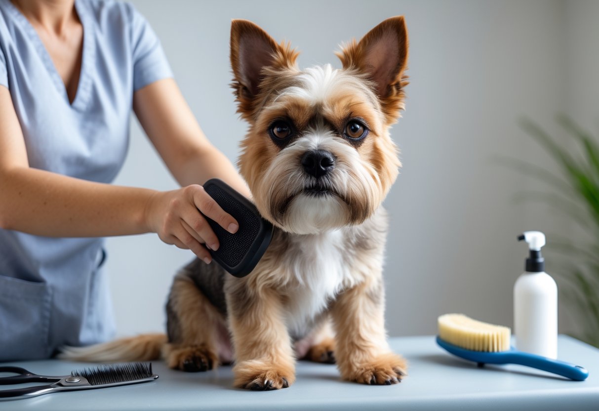 A Brussels Griffon dog being gently brushed during a grooming session on a grooming table.