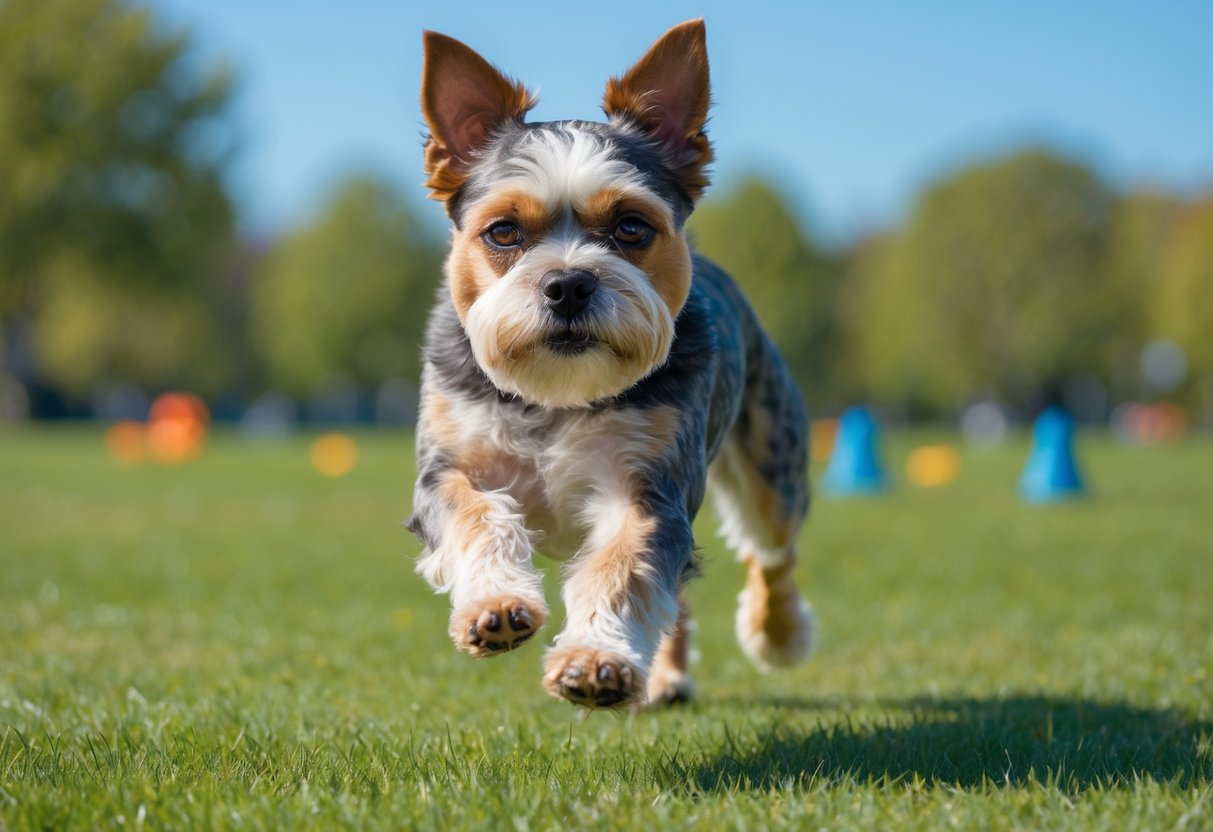 A Brussels Griffon dog running and playing in a sunny park during exercise and training.