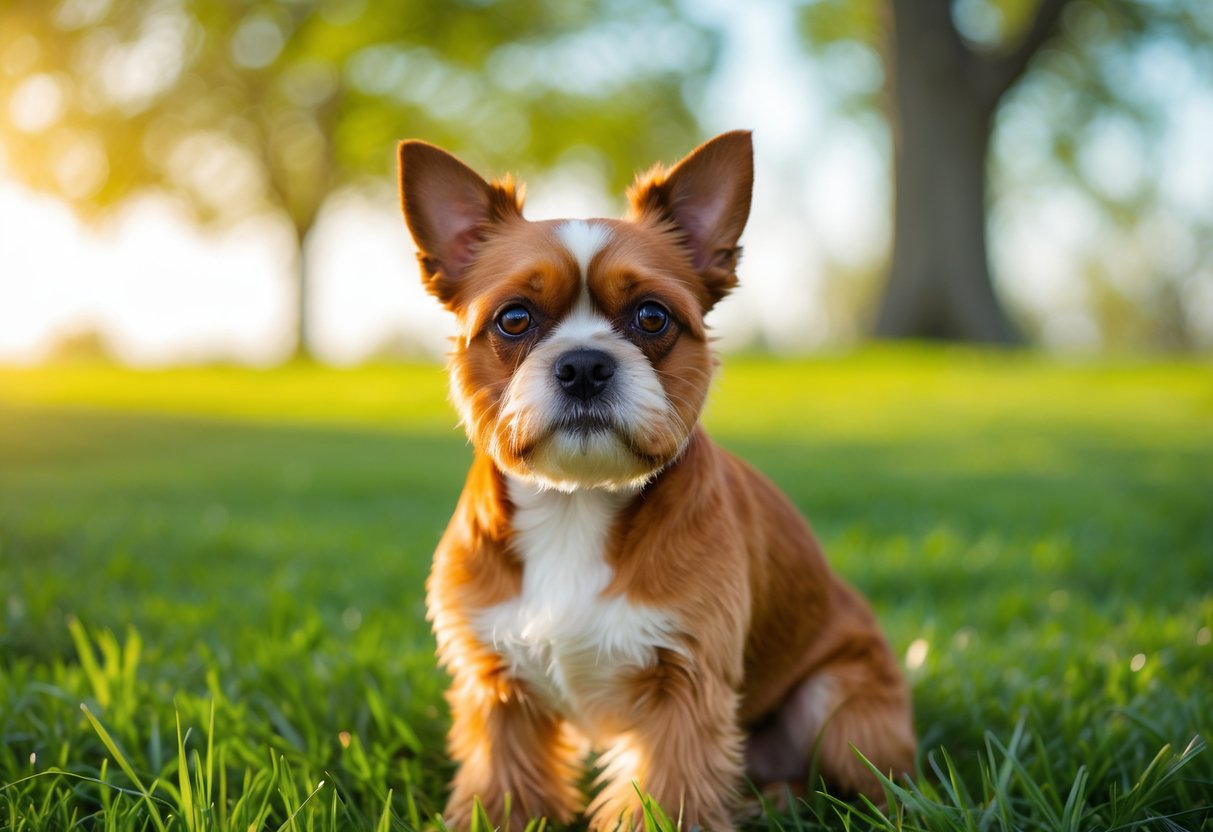 A Brussels Griffon dog sitting on grass in a park with trees in the background.