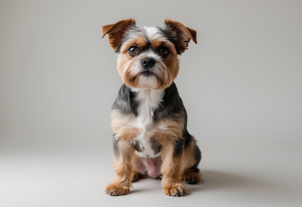 A Brussels Griffon dog sitting attentively on a neutral background.