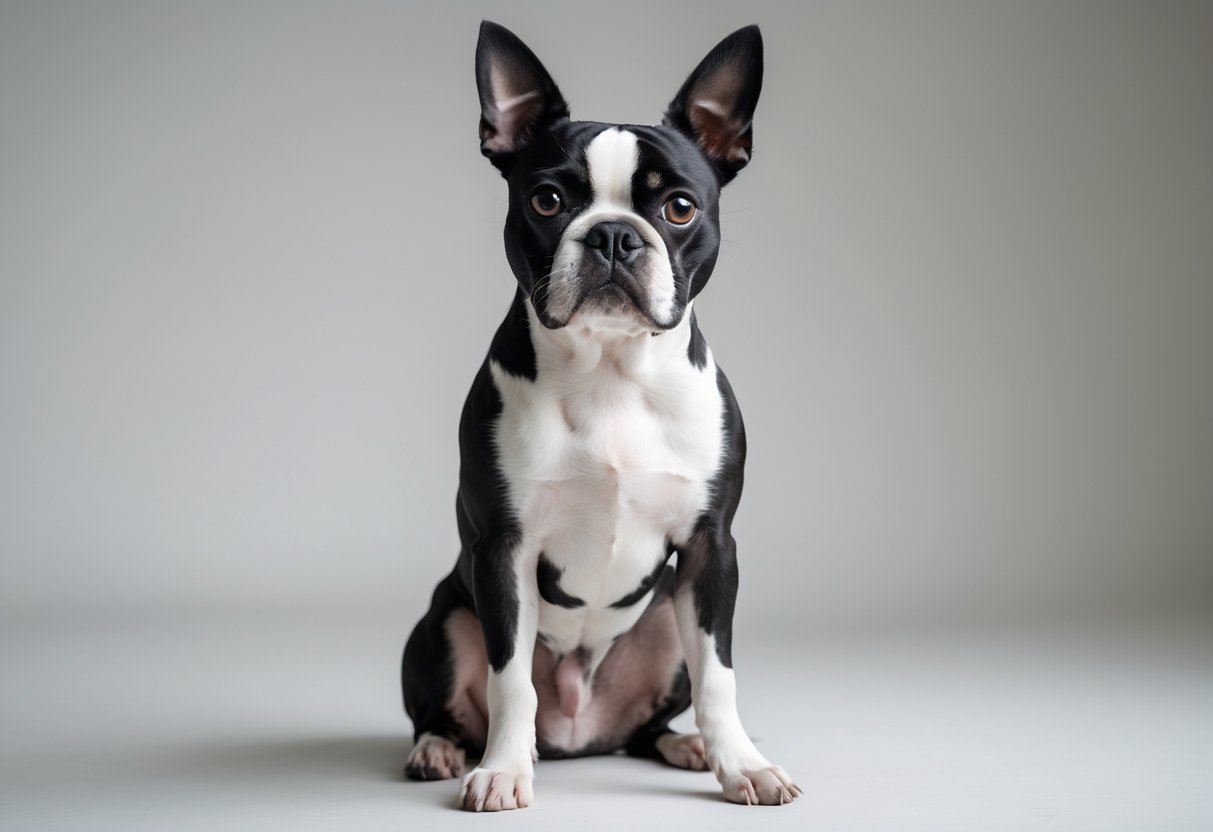 A Boston Terrier dog sitting and looking forward with alert eyes and upright ears.