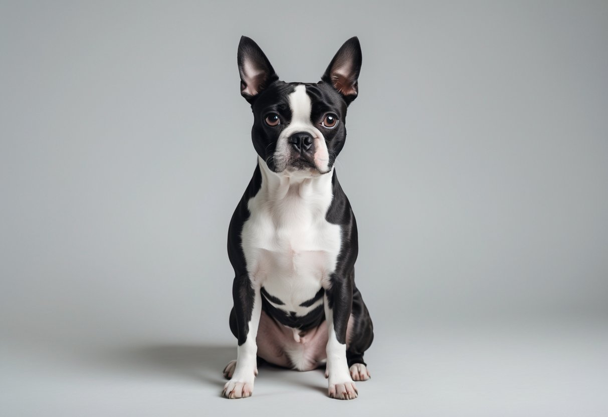 A Boston Terrier dog sitting and looking attentively against a plain background.