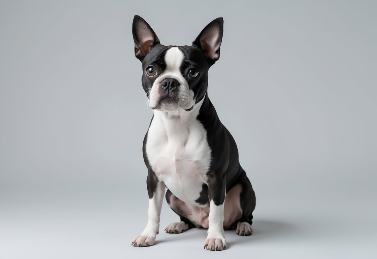 A Boston Terrier dog sitting and looking forward with black and white fur on a plain background.