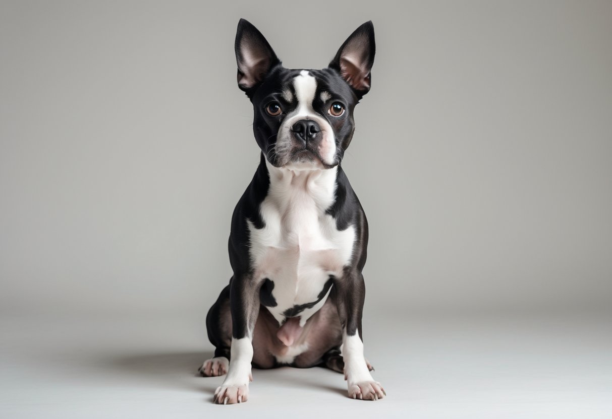 A Boston Terrier dog sitting and looking attentively at the camera on a neutral background.