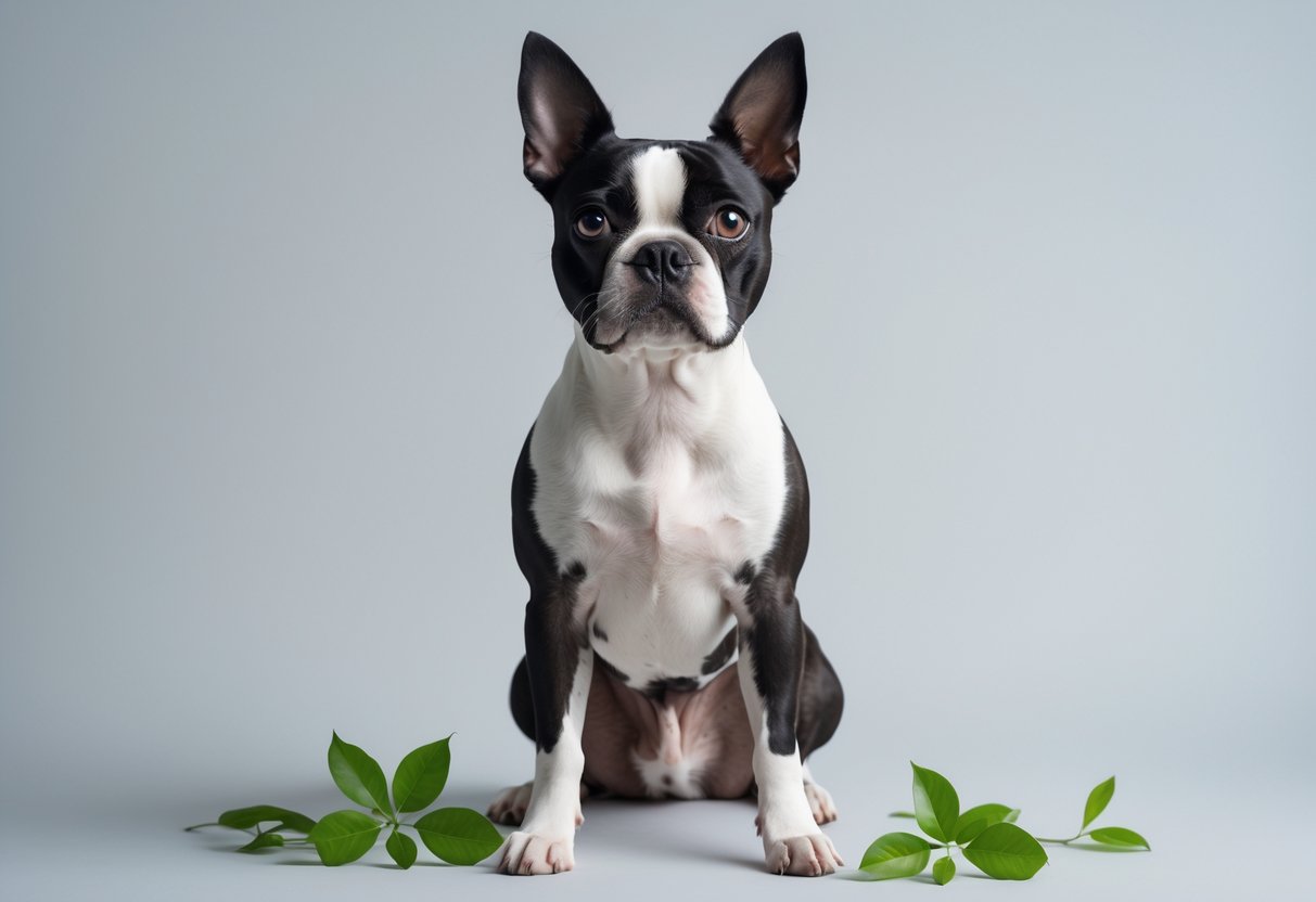 A Boston Terrier dog sitting attentively on a plain background with a stethoscope and green leaves nearby.