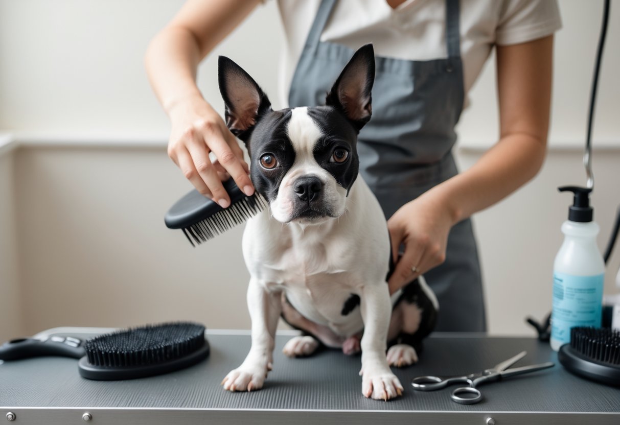 A Boston Terrier dog sitting calmly on a grooming table while being brushed by a person in a clean indoor setting.