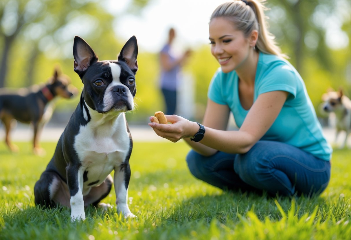 A Boston Terrier dog sitting on grass next to a person holding a treat during a training session in a park.