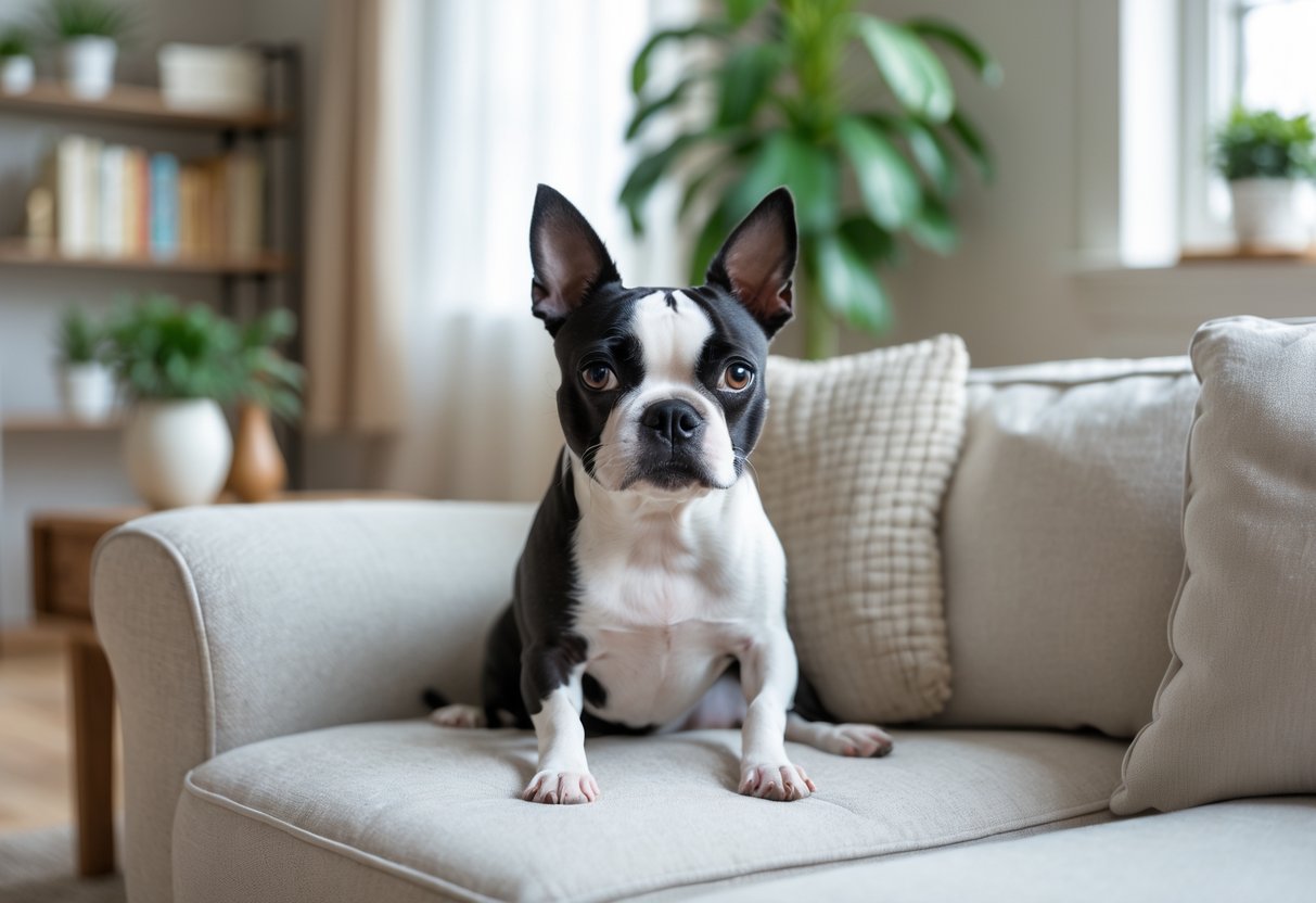 A Boston Terrier dog sitting on a couch in a bright living room with home decor in the background.
