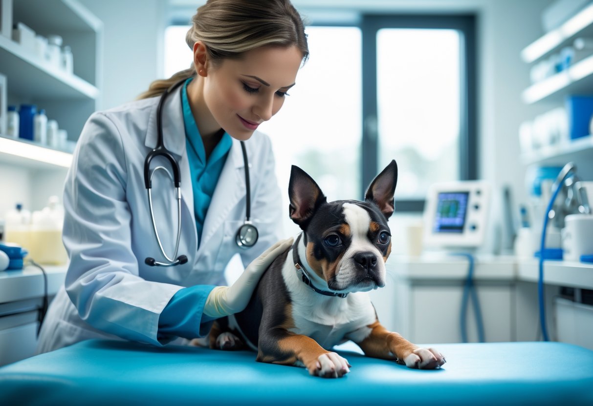 A veterinarian in a white coat examining a Boston Terrier dog on an examination table in a veterinary clinic.