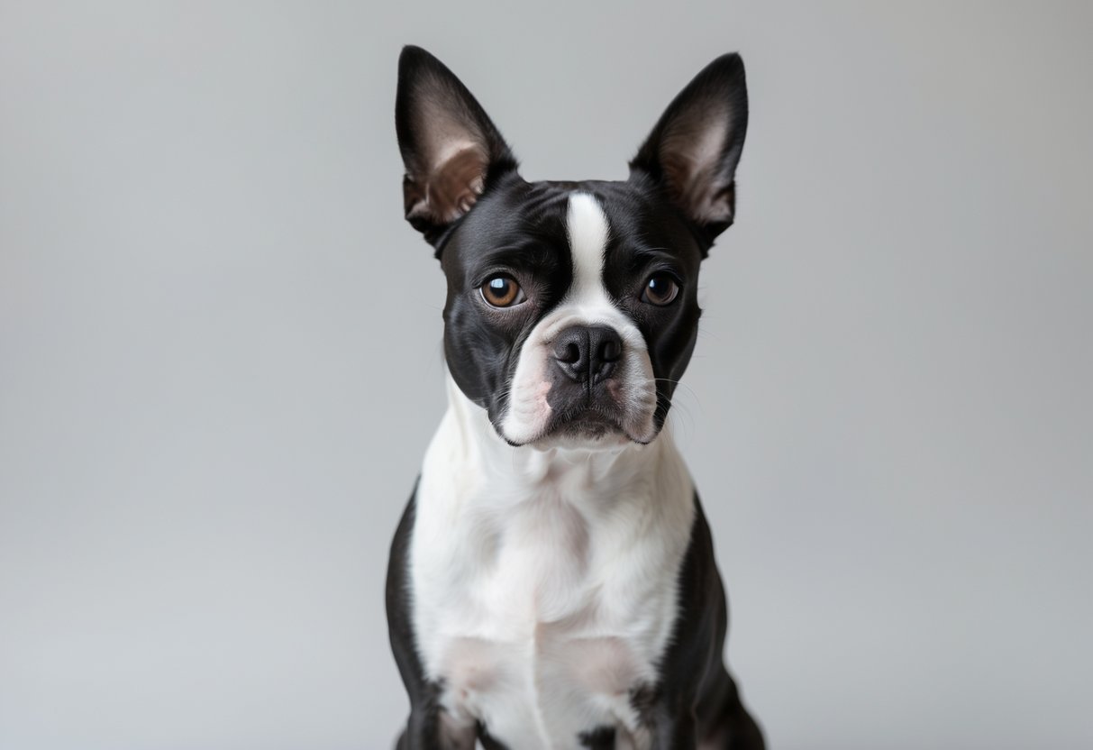 Close-up of a Boston Terrier dog sitting and looking attentively at the camera against a plain background.