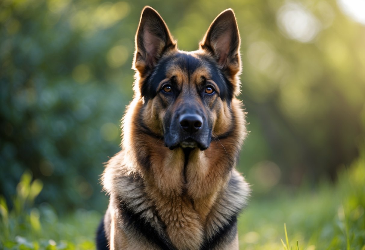 A sable German Shepherd dog sitting attentively outdoors with a blurred green background.