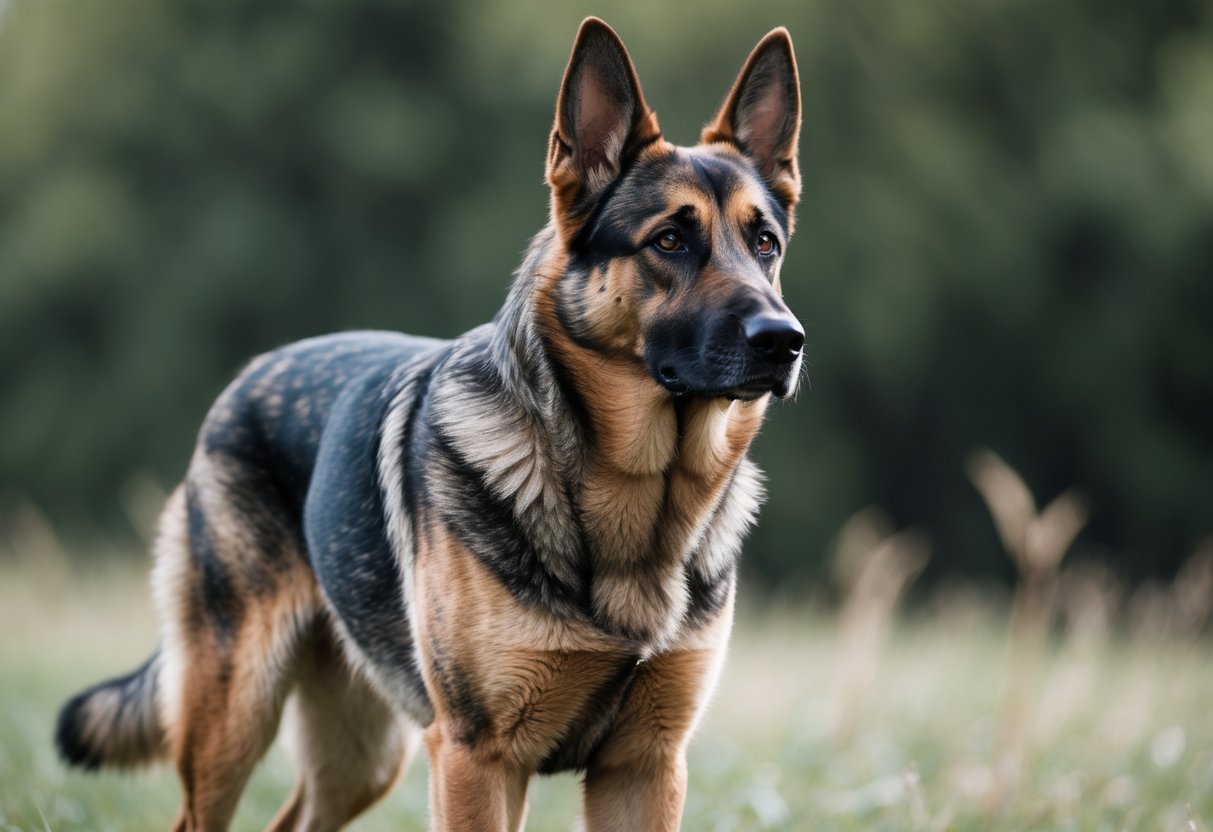 A sable German Shepherd dog standing outdoors with a mix of black, brown, and tan fur, looking alert with erect ears against a blurred green background.