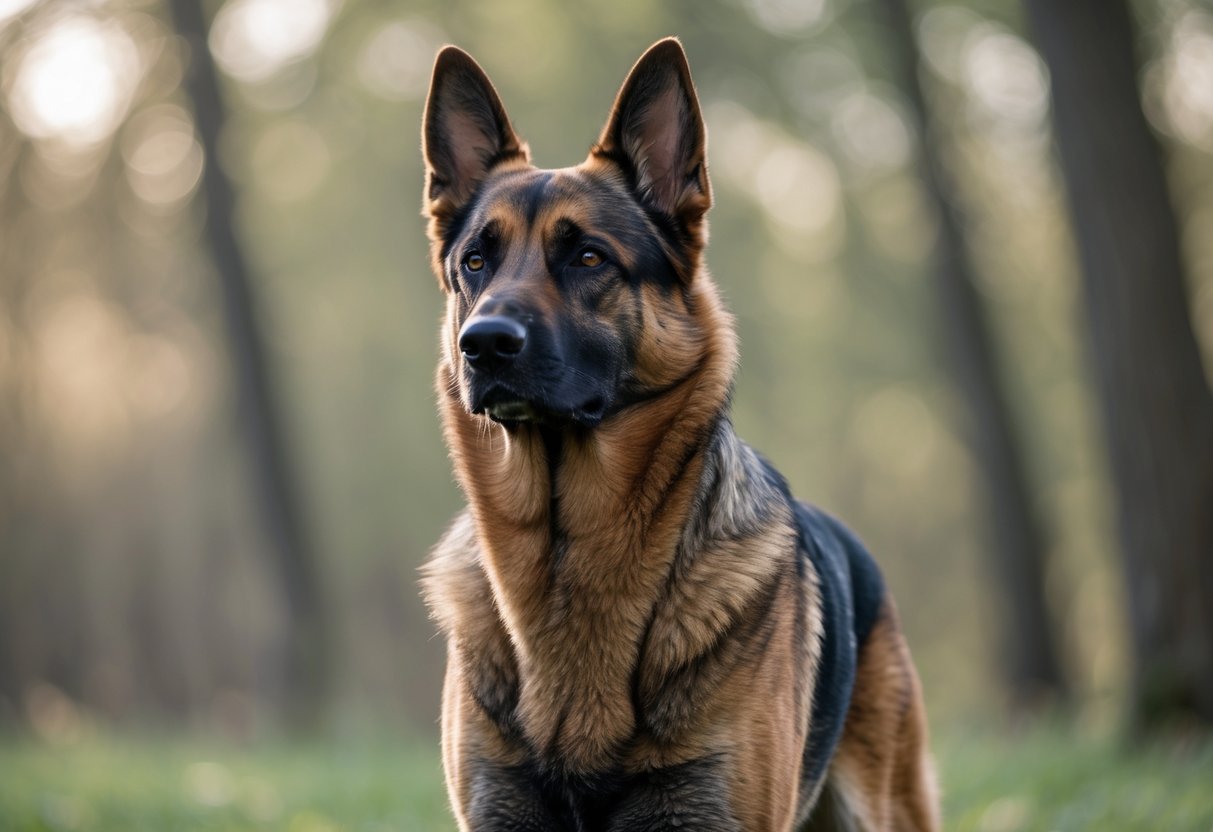 A sable German Shepherd dog standing outdoors with a forest background, looking alert and proud.