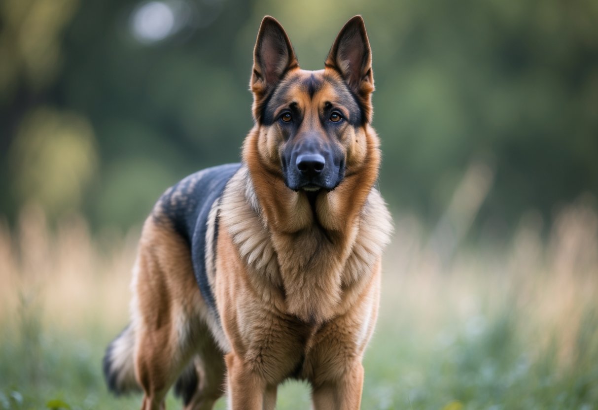 A sable German Shepherd dog standing outdoors on grass with a blurred green background, looking alert and attentive.