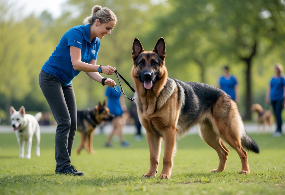 A sable German Shepherd dog is being trained outdoors by a person in a park with other dogs and people in the background.