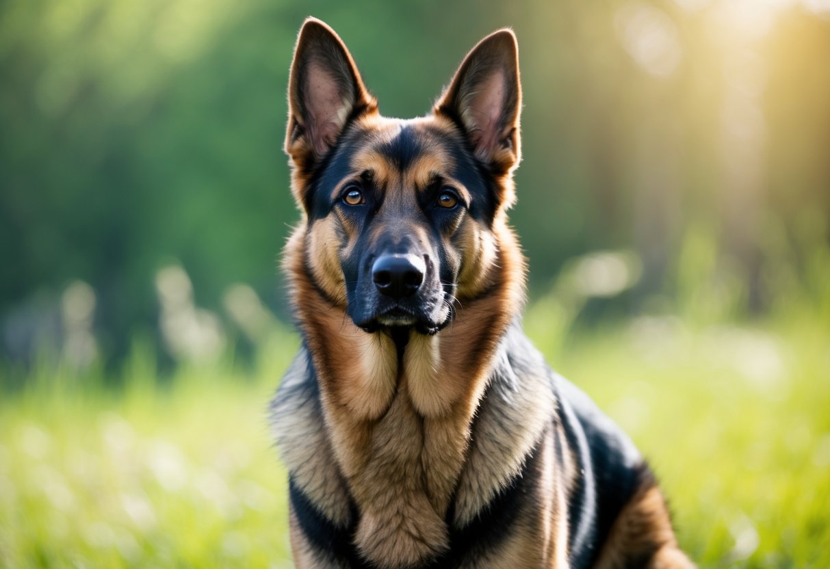 A sable German Shepherd dog standing alert outdoors on green grass with sunlight.