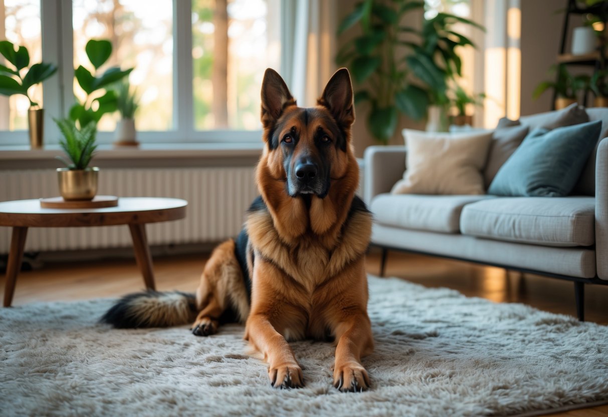 A sable German Shepherd sitting attentively in a cozy living room with natural light and home decor.