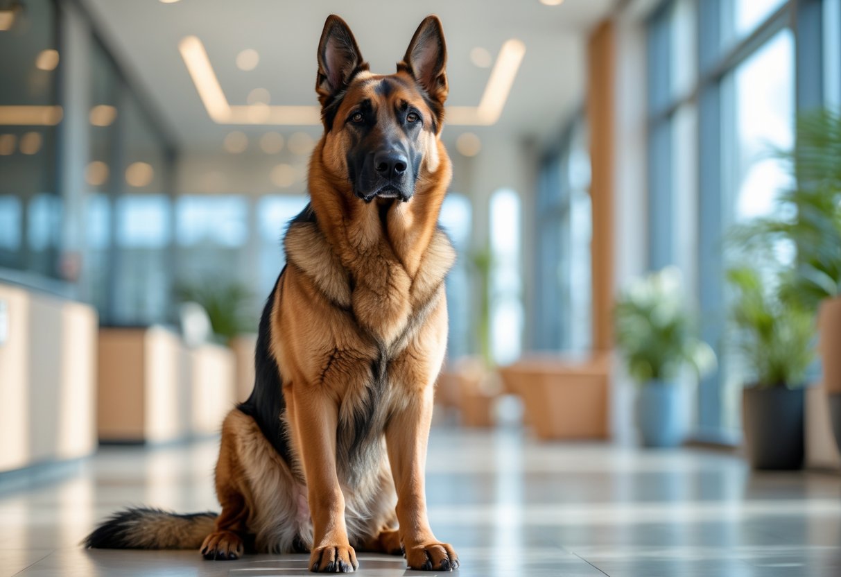 A sable German Shepherd dog sitting attentively indoors with natural light and a blurred background.