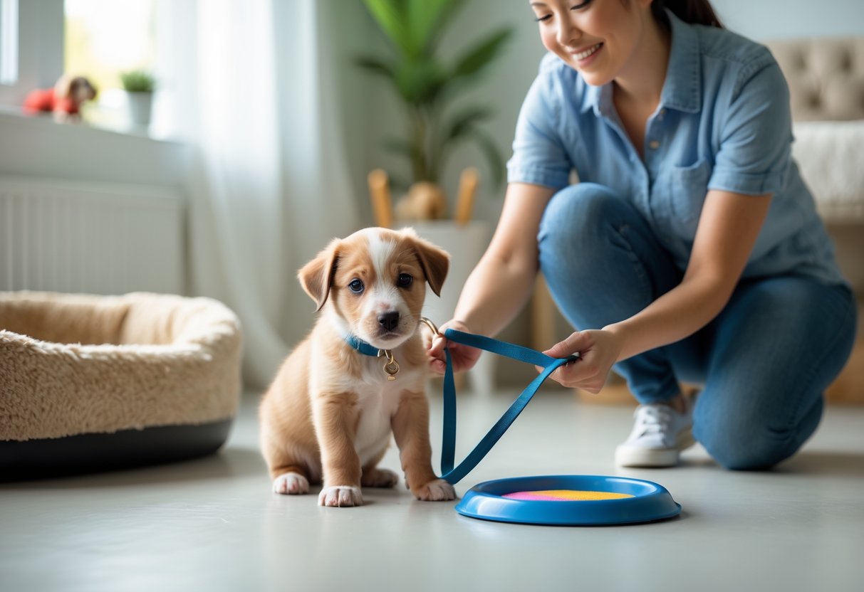 A young puppy sitting next to a training pad with an adult holding its leash in a bright, cozy room.