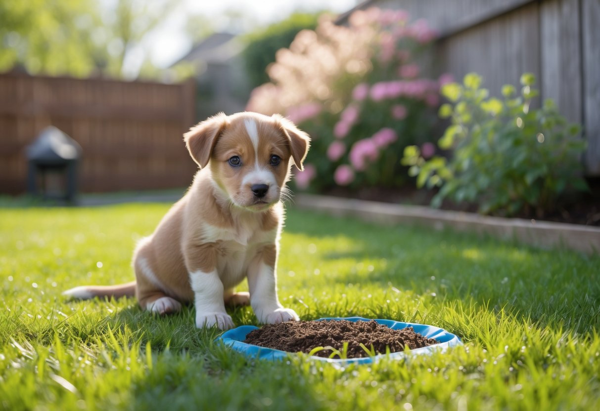 A puppy sitting on grass near a designated potty spot in a backyard with a wooden fence and plants.