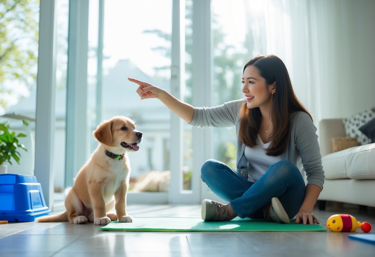 A woman pointing outside to a designated potty area while a puppy sits attentively next to her in a bright living room.