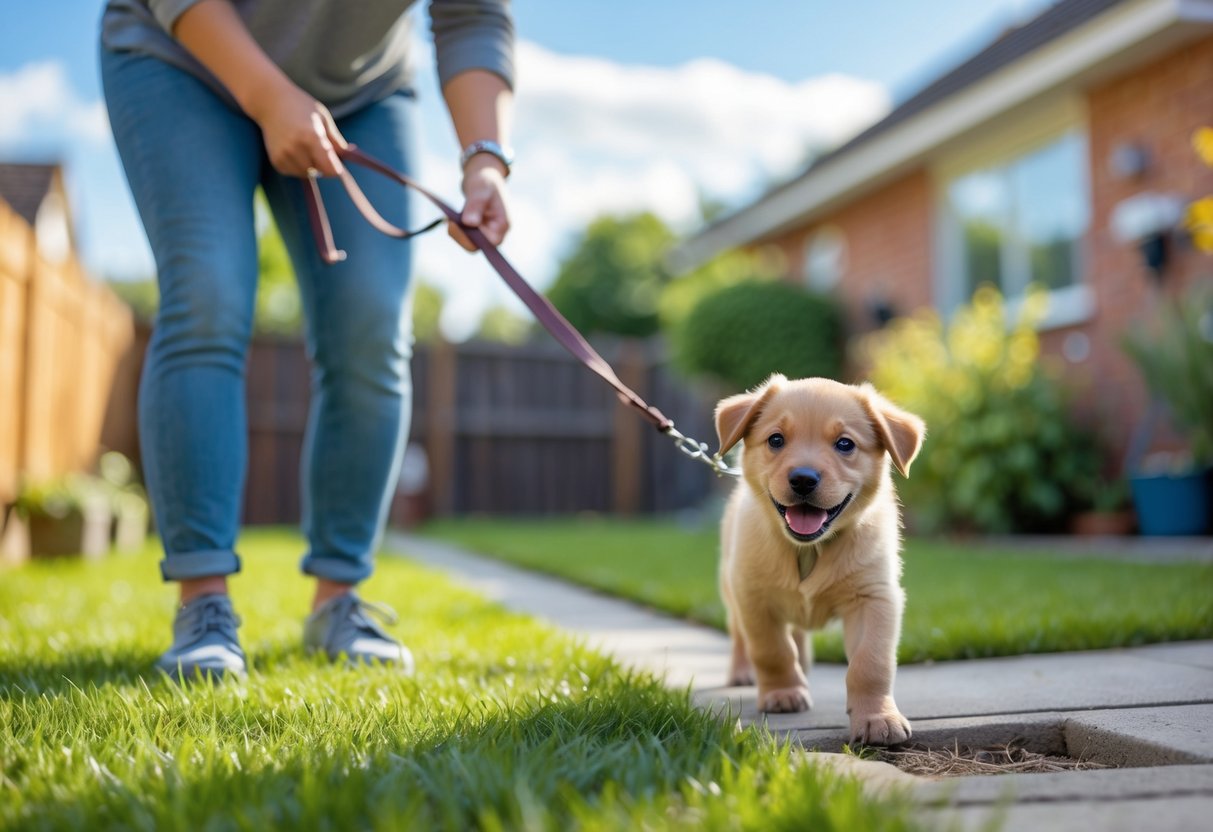 An adult taking a puppy outside in a sunny backyard for a potty break.