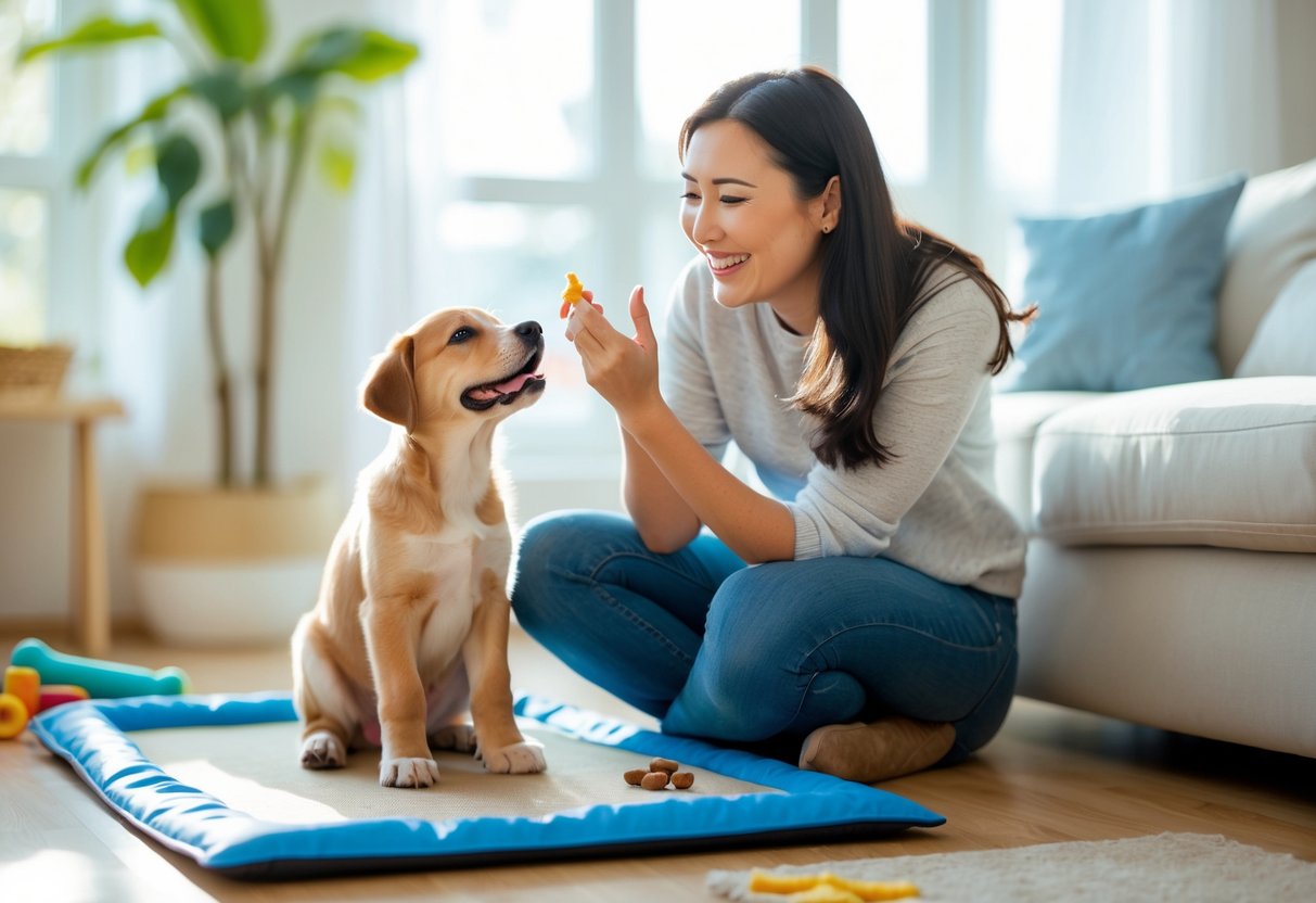A woman happily giving a treat to a sitting puppy in a bright living room.