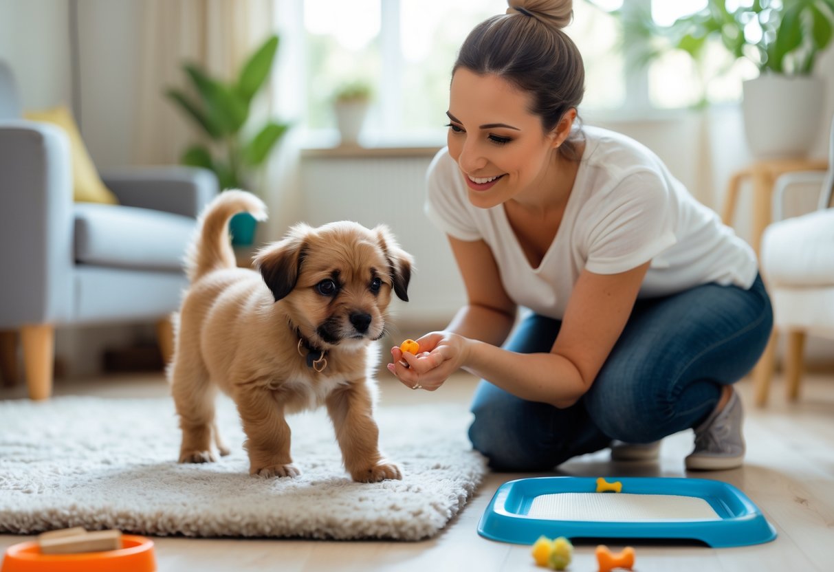 A woman closely supervising a small puppy indoors, guiding it near a training pad on the floor.