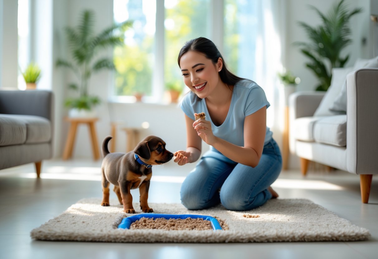 A young woman kneeling on a rug, guiding a small puppy towards a training pad in a bright living room.