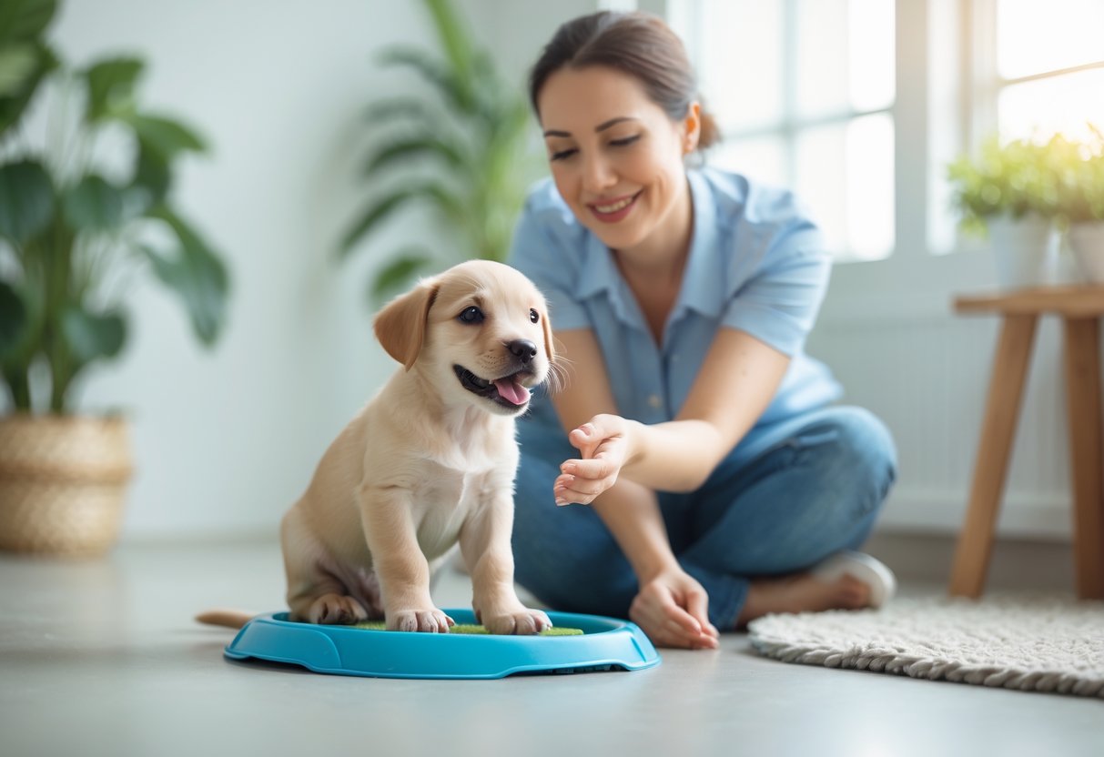 A person gently guiding a puppy sitting next to a puppy training potty pad in a bright, cozy room.