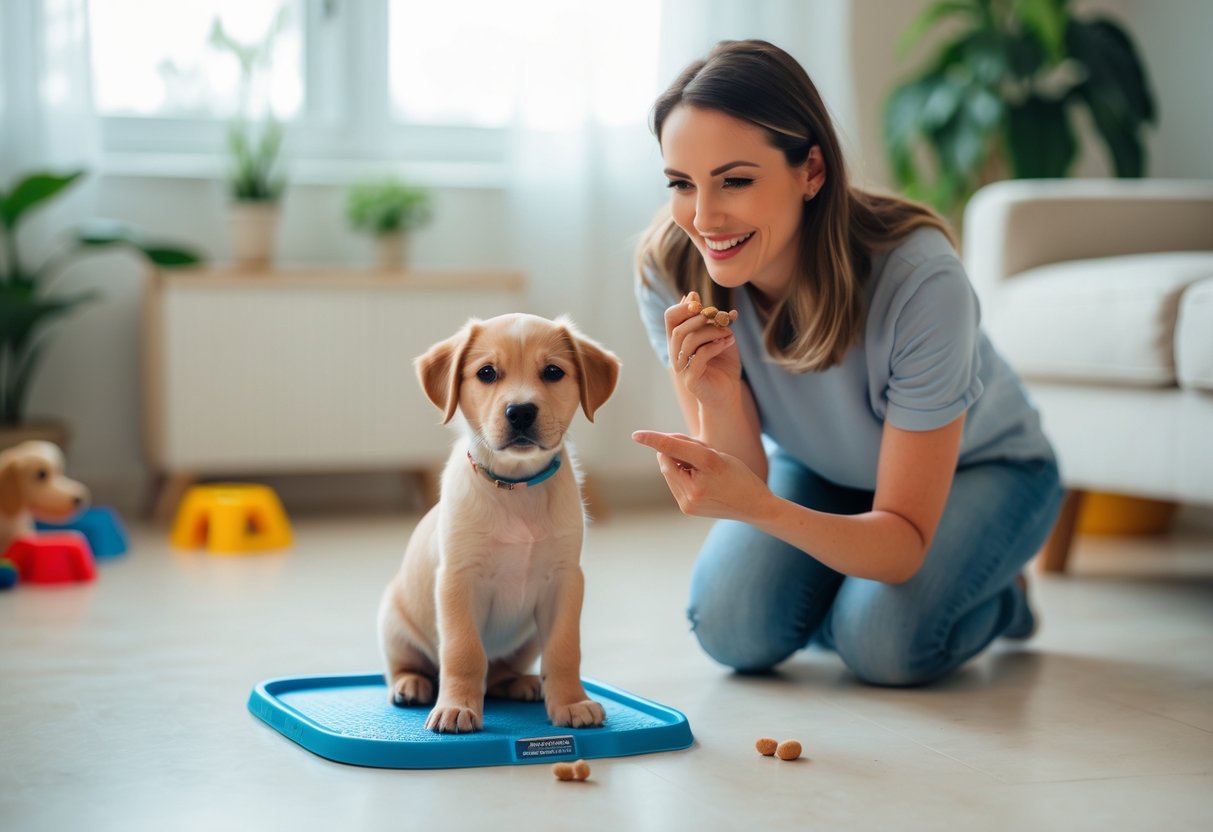 A person kneeling next to a puppy near a training pad inside a bright living room.